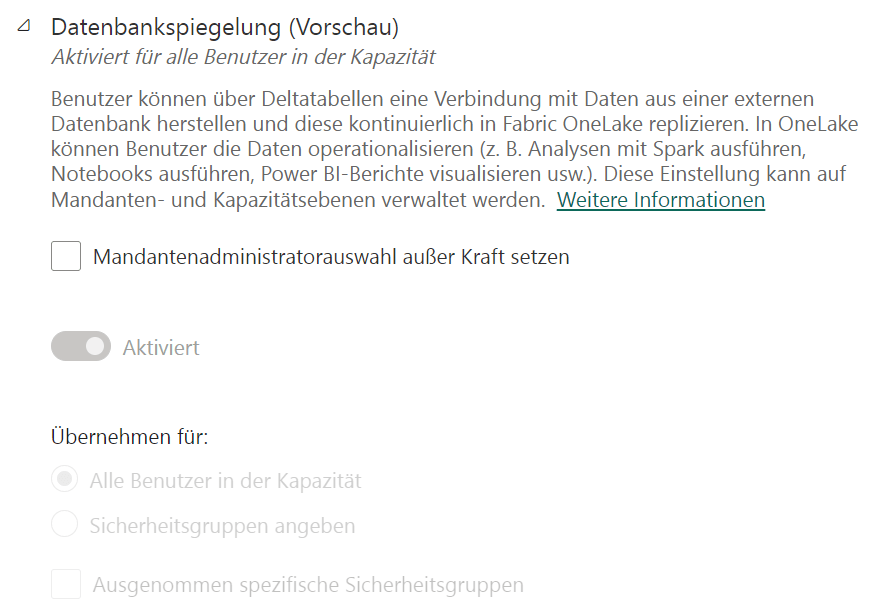 Fabric Verwaltungsportal Spieglung Mandanteneinstellung