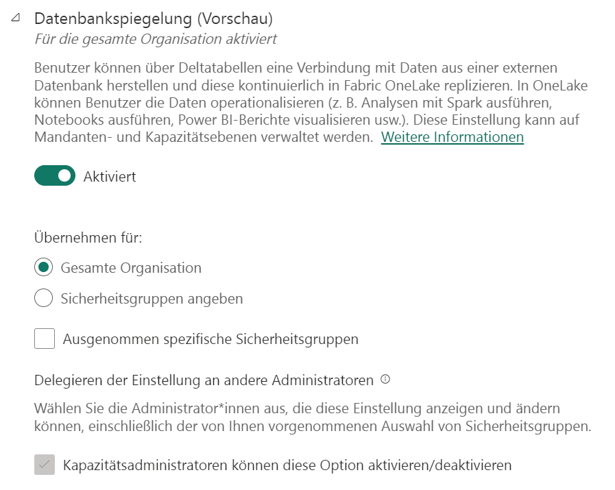 Fabric Verwaltungsportal Spieglung