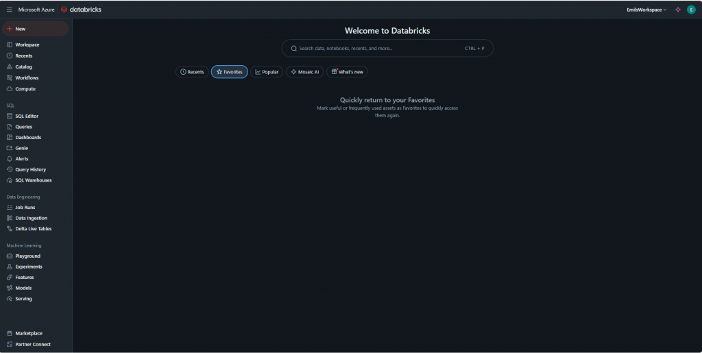 Databricks Home Bildschirm